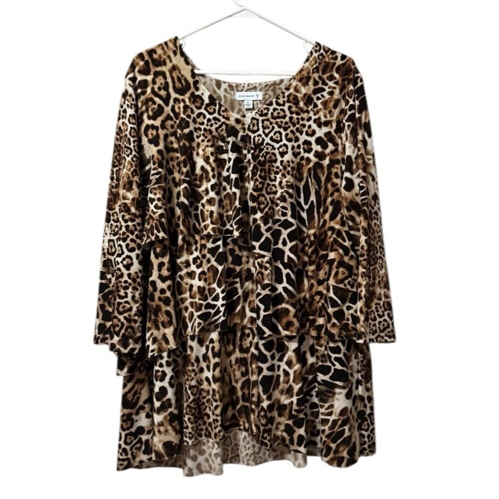 Susan‎ Graver Top Sz XL Leopard Animal Print Layered Liquid Knit Ruffle Stretch